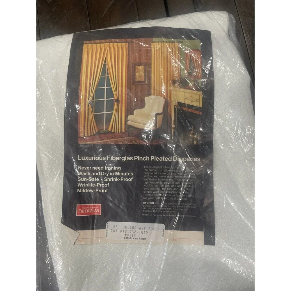Vtg White Owens Corning Fiberglas Pinch Pleated Drapery Sheer‎ Panel 50x84